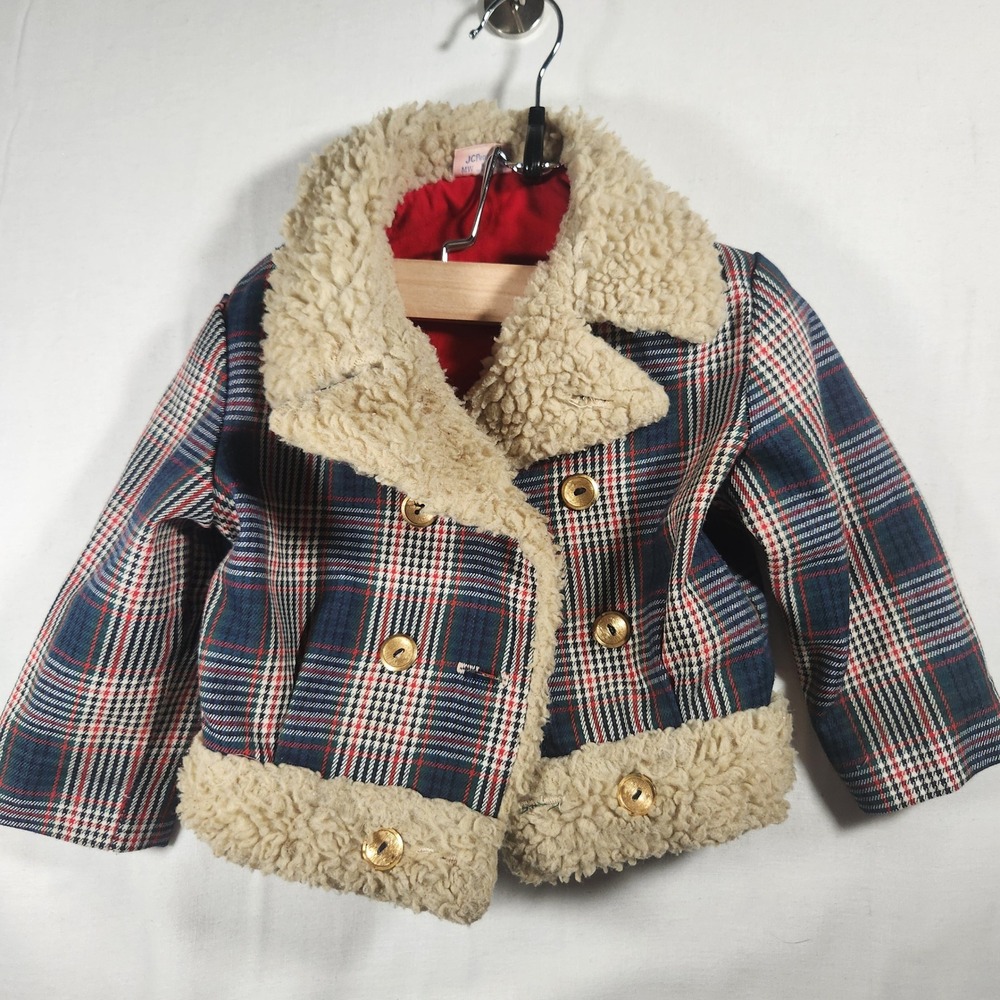 Vintage JCPenney Toddletime Plaid Faux Shearling Trim Jacket Toddler 2T Red Blue